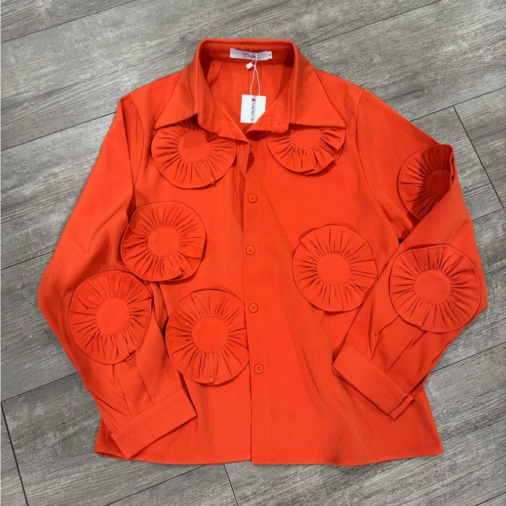 CRETA Vibrant Orange Button-Up Shirt with Circular Accents